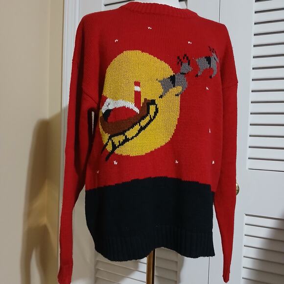 VTG AVON Fashions Women's Med Santa w/Sleigh Sweater Red/Black Ribbed Crew Neck - Picture 6 of 14